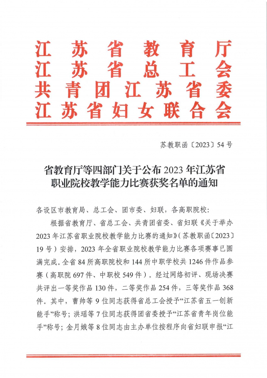 江蘇省教育廳等四部門關(guān)于公布2023年江蘇省職業(yè)院校教學(xué)能力比賽獲獎名單的通知（蘇教職函〔2023〕54號含名單）_00.jpg